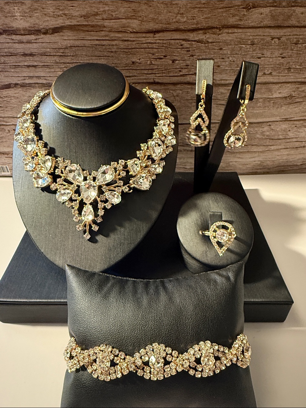 Bridal Wedding Prom Gold Rhinestone Necklace, Earrings, Bracelet, and Ring Set